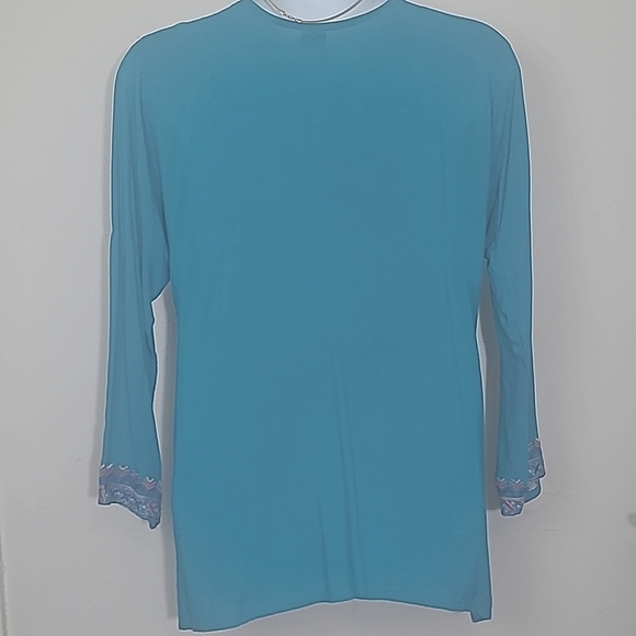 Tunic long sleeve flowy Embroidered Geometric Print 100% cotton Turquoise Teal - Picture 3 of 5